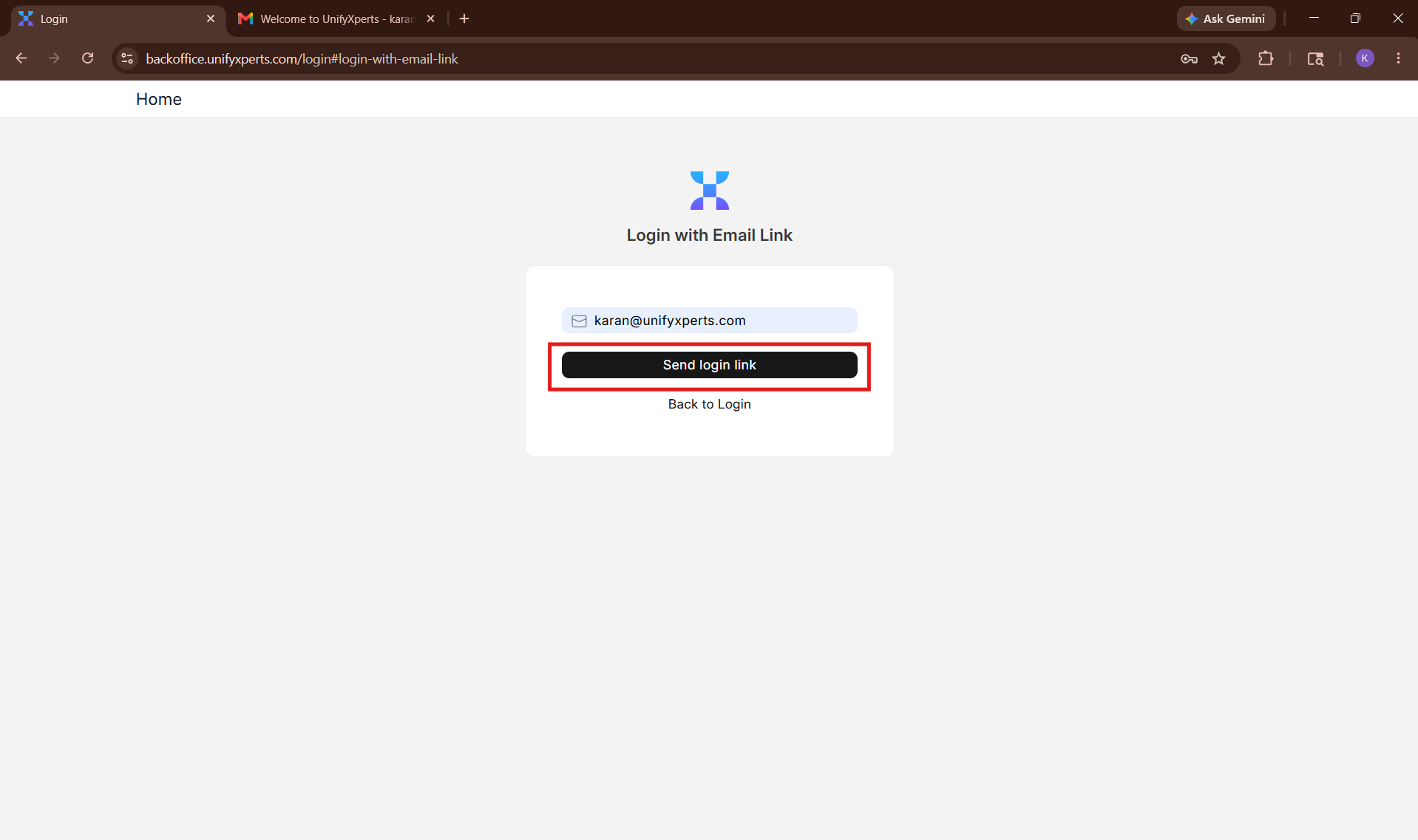 Enter email screen for sending a login link